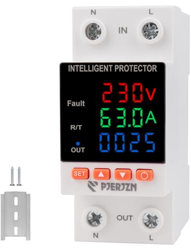 PJERJZN 230V 63A Smart Voltage Protector - Adjustable Over/Under Voltage Stabilizer with KWh Energy Meter & Triple LED Display for Home Electrical Protection