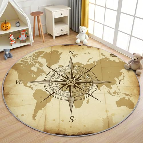 AevuCub Retro Kompass Teppich Rund 120cm Kurzflor - Waschbare Teppiche Wohnzimmer Ozean Maritim Weltkarte - Runder Teppich 120 Durchmesser Kinderzimmer - Bettvorleger rutschfest Weich