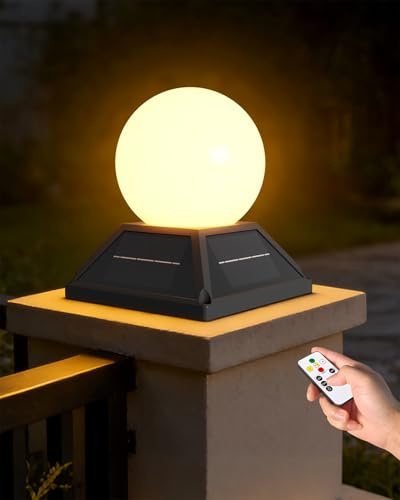HMAKGG Farola Solar Exterior Sobremuro, Luz LED Bola para Valla con Mando y Temporizador, 2400mAh, 3 Colores 3000K-6000K, IP65, 15x17cm, Jardín Patio Terraza, Negro