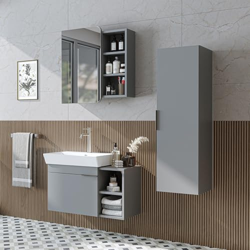 ROOMART Badmöbel Set LYCIA 82 cm – 4-teiliges Badezimmermöbel-Set mit Keramik-Waschbecken, Spiegelschrank & Seitenschrank – Badmöbel in 4 Farben (Grau, Komplett-Set)