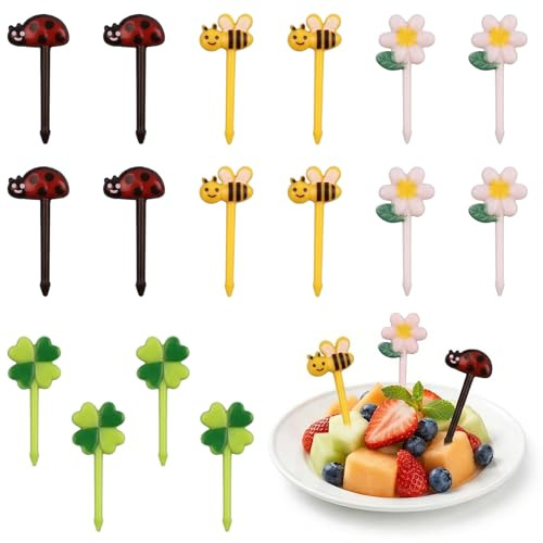 NiceNaiils 16 st små fruktgafflar med bin och blomdesign, barngaffel för desserter och snacks, återanvändbara fest- och picknickpinnar, bento-tillbehör för barn