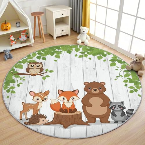 AevuCub Waldtiere Kinder Teppich Rund 150cm Kinderzimmer - Waschbare Teppiche Wohnzimmer Cartoon Fuchs Bär Eule REH - Runder Teppich 150 Durchmesser - Bettvorleger Schlafzimmer rutschfest Weich