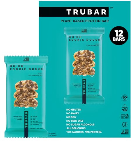 TRUBAR Vegan Protein Bar, Oh Oh Cookie Dough, Gluten Free, Plant Based Protein, Dairy Free, Non GMO, Soy Free, No Sugar Alcohols, 12G Protein, 13G Fiber, Healthy on the Go Snack Bars, 12 CT