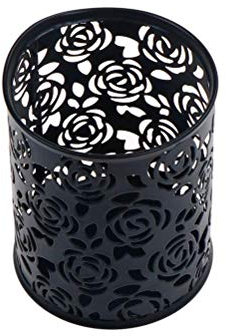 Stifthalter Metall Stifthalter Hollow Rose Flower Stifteköcher Make-up Pinselhalter Stift Organizer Container Aufbewahrung für Home Office Schreibtisch 8x8x10cm/3.2x3.2x4inch (LxWxH) Schwarz