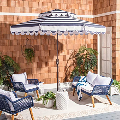 SAFAVIEH Outdoor - Vienna 9-Foot Double-Top Patio Umbrella - Navy & White Canopy - Brown Aluminum Pole - Scalloped Striped Vented Design - Ideal for Patio, Deck, Poolside, Backyard (PAT8211C)