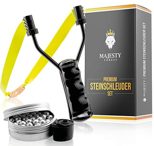 MAJESTY FOREST® Premium Steinschleuder Set - Profi Schleuder Zwille für Sport und Outdoor - Slingshot Bundle mit 100 Stahlkugeln + Ersatzgummi und E-Book