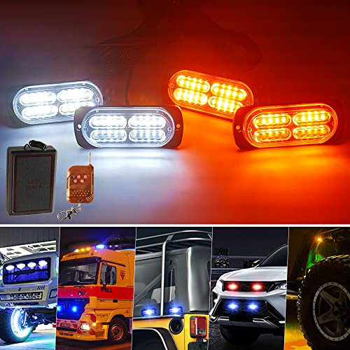 yifengshun 4x20 LED Lumiere Calandre Voiture 18 Modes Stroboscopiques Urgence Clignotant Balise Lampe Ambre&Blanc Avec TéLéCommande Sans Fil Pour 12-24V Voitures Camions Fourgon Tracteurs LED Lumière