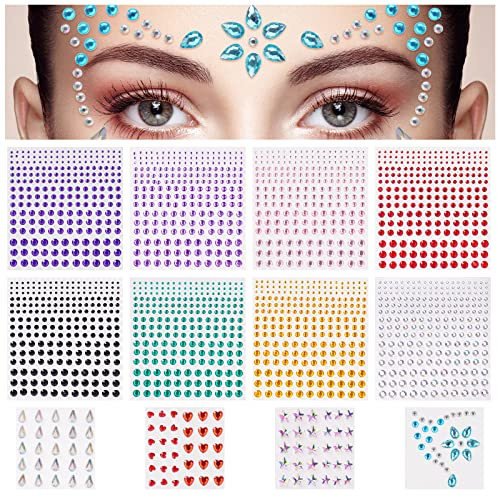 URAQT Face Gems Glitter, Face Strass Mermaid Jewels Face Stickers Set, Självhäftande Crystal Rainbow Diamonds Ögon Ansikte Kropp Tillfälliga tatueringar för kvinnor Makeup, Festivaldekorationer (12 ark)