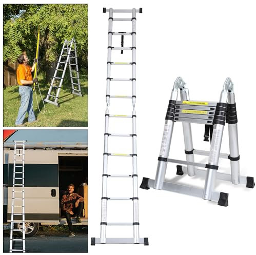Cecaylie JZ190D - Escalera telescópica (Aluminio, 3,8 m, 1,9 m + 1,9 m, Plegable, Multiusos, hasta 150 kg), Color Plateado