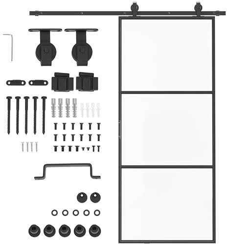 HOMCOM 36 x 84 Sliding Door with Hardware Kit, Handle, & Track, Industrial Frosted Tempered Glass Door with Carbon Steel, Easy Installation