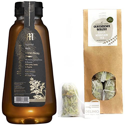 Maragkakis Family Wildkräuter Honig 500 Gramm Dosierflasche aus Kreta und DELINIO Griechischer Bio Bergtee - Sideritis Scardica 10 Teebeutel im Set