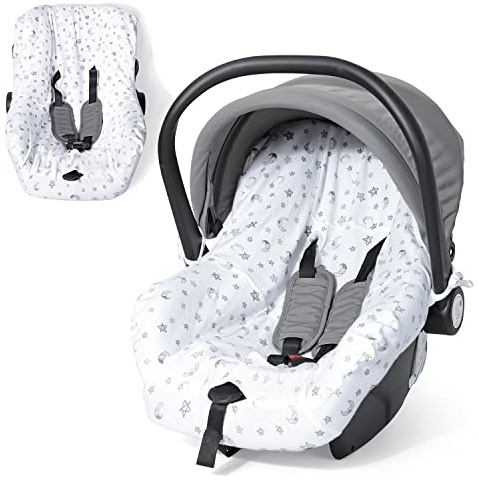 Orzbow Sommerbezug für Babyschale, Weiß Sterne und Mond | Universal Schutzbezug, 100% Baumwolle, für Maxi Cosi, CabrioFix, Pebble, Atmungsaktiv gegen Schwitzen, Maschinenwaschbar