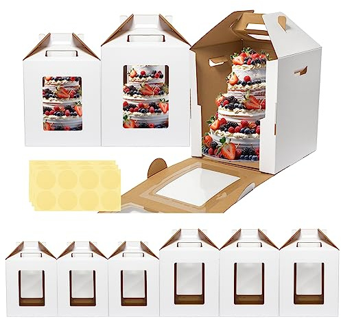 Mcfleet 6 Pack Tall Cake Box for Tier Cake with Window 2 Sizes 10x10x12 & 12x12x14 Inch, Disposable Large Layer Bakery Carrier with Handle - Bakery Safe Transport Box for Wedding, Birthday, Party