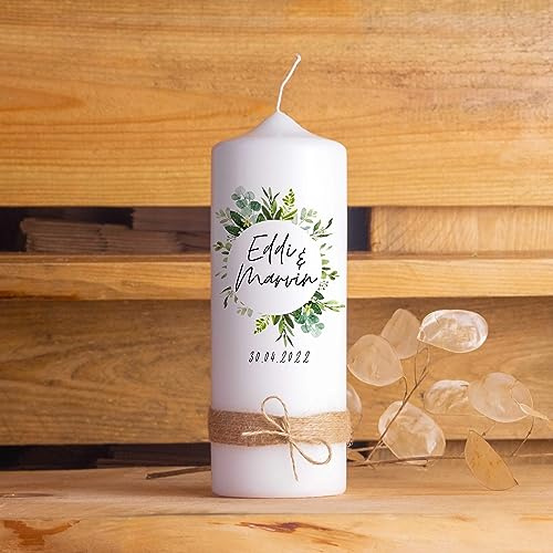 Hochzeitskerze | Kreis | 15-30 cm Höhe | Traukerze | Personalisierte Kerze (Größe: 20 cm, Kerzenfuß: Edle Strickummantelung)