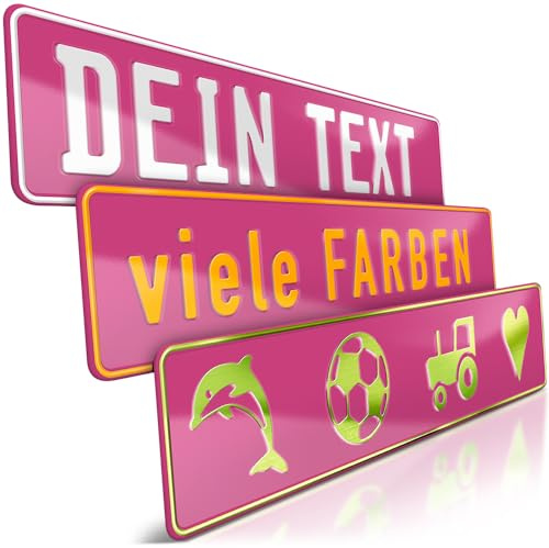 1 Fun-Schild geprägt | Pink mit Wunschtext bis zu 16 Zeichen | Namensschild | Individuelles Fun-Kennzeichen aus Aluminium | Auto-Kennzeichen | Optional Löcher & Saugnäpfe