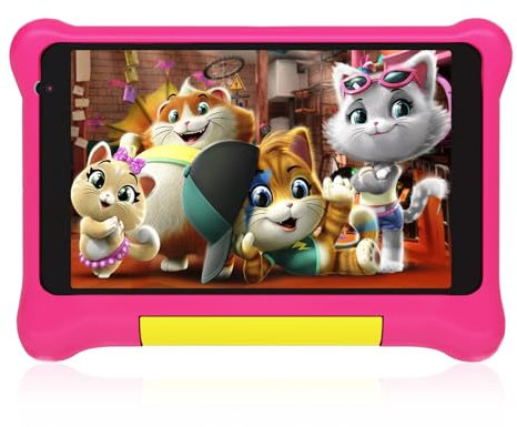 Tablette Android 13 pour enfants de 7, quadricœur 5 Go de RAM, 32 Go de ROM, double caméra, WiFi, tablettes de contrôle parental avec étui à l'épreuve des enfants pour filles et garçons (rose)