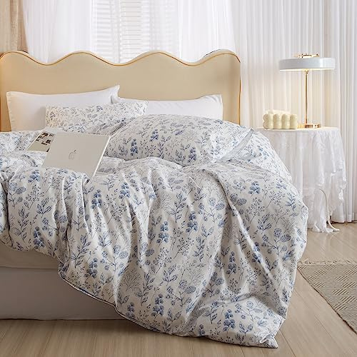 mixinni Small Floral Print Duvet Cover Queen Blue Flower Leaf Duvet Cover Set Soft Cotton White Bedding Comforter Cover Zipper Closure 4 Corner Ties for Him and Her-Queen Size