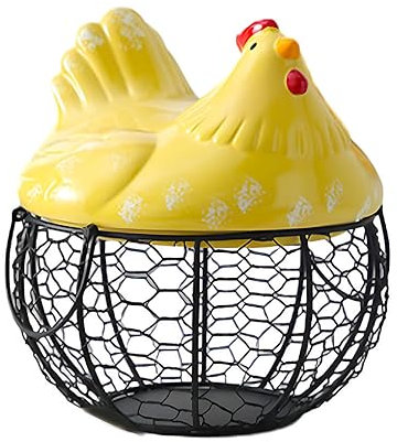 dijiusidy Chicken Shape Egg Basket, Iron Craft Egg Collecting Baskets with Ceramic Cover, Holds 15 Eggs, Kitchen Storage Basket with Double Handle for Eggs, Vegetables, Fruits (yellow)