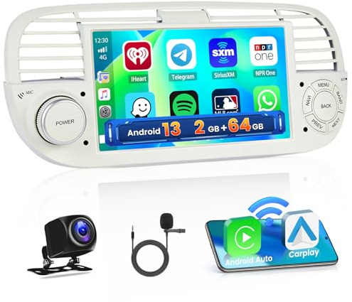 Hikity 2+64G Android 15 Autoradio pour Fiat 500 2007-2015 Carplay sans Fil | Android Auto Écran Tactile de 7 Pouces Poste Radio Voiture avec GPS Bluetooth EQ FM RDS AHD Caméra de Recul