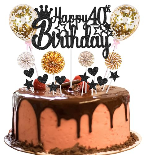 Cake Decoration 40th Birthday - Happy 40th Birthday Decoration for Men and Women - Cake Decoration Black Golden - Hello 40 Glitter Cake Topper