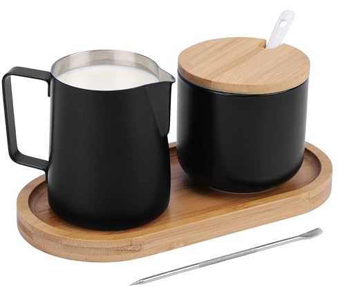 BELLE VOUS 5-Piece Milk and Sugar Set - Black Milk Jug and Sugar Bowl Set with Bamboo Wood Tray, Lid & Serving Spoon - Stainless Steel Tea Serving Set