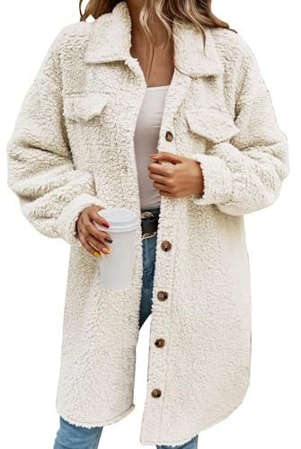 Damen Winterjacke Elegant Oversized Plüschjacke Coat Lang Cardigan Outwear Coat Warme Lang Parka Plüschmantel Übergangsjacke Trenchcoat Weiß L