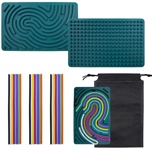 Sensorik Activity Board Silikon Sensory Activity Board Montessori Spielzeug Doppelseitiges Aktivitätsbrett mit Reisetasche & 24 Strings Beruhigung ADHD Autismus Spielzeug für Kinder (Dunkelgrün)