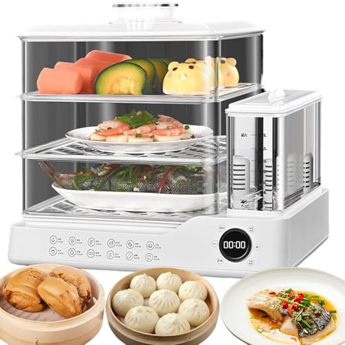 Vaporiera Digitale in Vetro, 1,5 L con Vaporiera Digitale A 2 Livelli con Prenotazione 12 Ore, 12 modalità Vaporiera per Verdure A Riscaldamento Rapido Base in Acciaio Inossidabile con Protezione