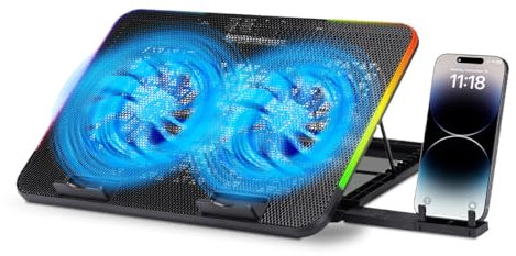 NK Base di raffreddamento portatile Gaming 17 - 7 modalità Luci LED RGB, 2 ventole silenziose con velocità regolabili, 5 altezze regolabili, porta USB, telefono holder, raffreddamento rapido