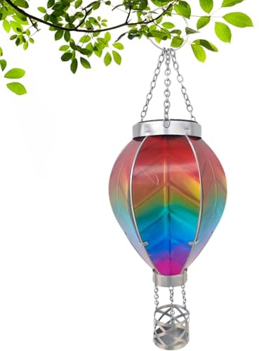 Hot Air Balloon Lantern, Festive Lights Solar Power Rainbow Stain, Flame Effect Hot Air Balloon Solar Garden Light, Outdoor Hanging LED Lantern, Light for Garden, Patio, Balcony Decoration