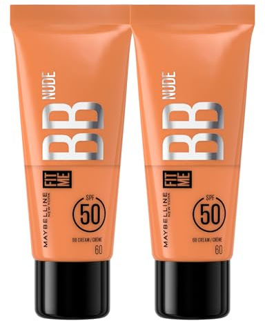 Maybelline New York Fit Me BB Cream Nude, Farbe 60, LSF 50, spendet Feuchtigkeit, schützt die Haut, deckt Unvollkommenheiten ab, natürliches und glänzendes Finish – 2 Flaschen à 30 ml