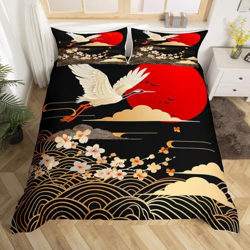 Loussiesd Set di biancheria da letto in stile giapponese con fiori di ciliegio, per bambini, ragazzi e ragazze, copripiumino a tema Ukiyoe, 3 pezzi, per letto matrimoniale, con cerniera