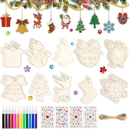 JOYEASE Basteln Weihnachten Kinder, 40 Stück DIY Holzanhänger Bastelset Weihnachten, Weihnachtsbasteln mit Kindern, Weihnachtsgeschenke für Kinder, Holz Weihnachtsdeko Basteln für Weihnachtsbaum