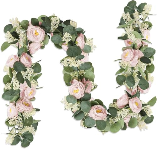 Fakeplant 2 Stück Künstliche Eukalyptus Girlande mit Rosen, Vintage Blumengirlande Rosa für Hochzeit Deko, Blumenranke für Tischdeko, Wand, Party, Frühlingsdeko, 198cm