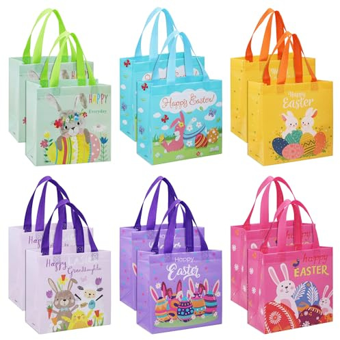 12 Stück Geschenktüten Ostern für Kinder, Wiederverwendbare Wasserdichte Ostertüten zum Befüllen mit Griffen, 23x12x21cm Geschenktasche Ostern für Eiersuche, Feste & Einkauf (6 Verschiedene Muster)