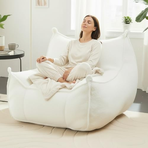 Giant Bean Bag Chair for Adults and Kids, Comfy Beige Beanbag with Filling Plush Fluffy and Back Support, Lounge Lazy Floor Sofa Accent Chair, Cozy Single Cloud Couch for Living Room, Bedroom & Dorm
