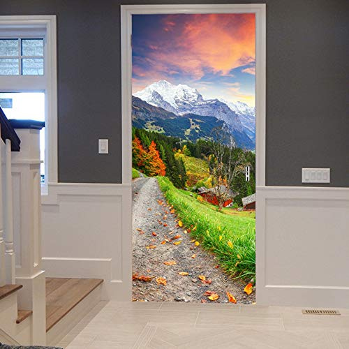 A.Monamour Türtapete Selbstklebend Türfolie Türposter 3D Schweiz Wengen Dorf Lauterbrunnen Tal Jungfrau Berg Vinyl Folie Türdeko Tapete Wandbild Türaufkleber Türtattoo 90x200cm