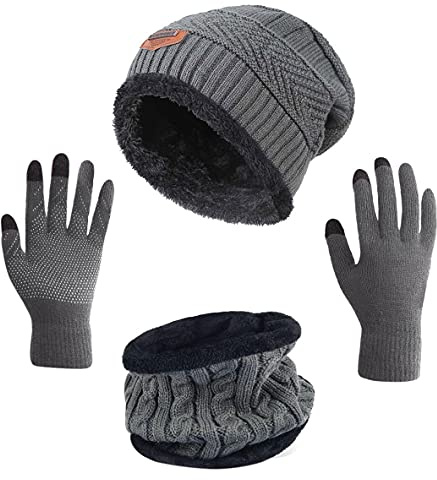 HINDAWI Winter Beanie Hat Neck Warmer Scarves Touch Screen Gloves Set for Women Men Knit Skull Cap Infinity Circle Scarf Dark Grey