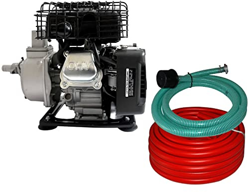 Wasserpumpe Garten: YERD BW QDZ25-30 Gartenpumpe Benzin, selbstansaugend, 1,6PS, 4-Takt OHV-Motor, 8000 Ltr/Std., 5m Ansaugschlauch, 20m Gartenschlauch, 1 Zoll (Mit Ansagschlauch und Wasserschlauch)