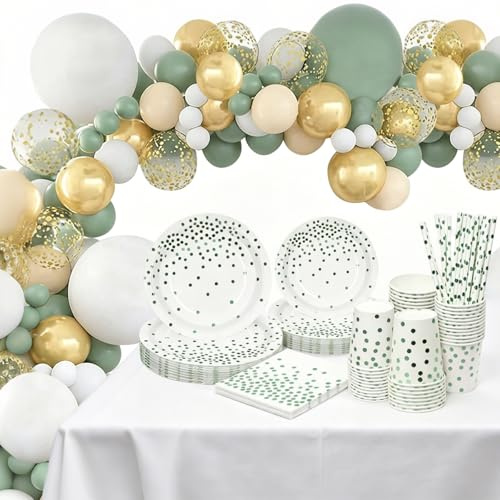 Partygeschirr Set Grün, 160 Stück Pappteller Set & Becher für Kindergeburtstag Deko, Geburtstagsdeko mit Pappteller Luftballons & Strohhalme für Hochzeit Babyshower für 24 Gäste (ohne Tischdecke)