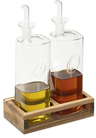Navaris Oliera e Acetiera da Tavola - Dosatore Olio con Beccuccio - Set Olio Aceto Vetro con Supporto Legno - Bottiglia Salvagoccia Olio Cucina 220ml