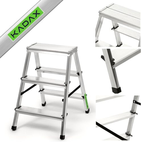 KADAX Scaletta Pieghevole in Alluminio, Scala Doppia a Pioli con Piattaforma Antiscivolo, Gradini Larghi e Struttura Leggera, Fino a 125 kg (3 Gradini)