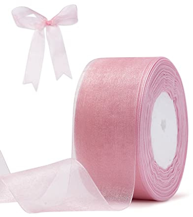 Rosa Organzaband zum Verpacken von Geschenken, FAKILO, 50 mm x 45 Meter, schimmerndes, transparentes Geschenkband mit Draht für Blumenstrauß, Hochzeit