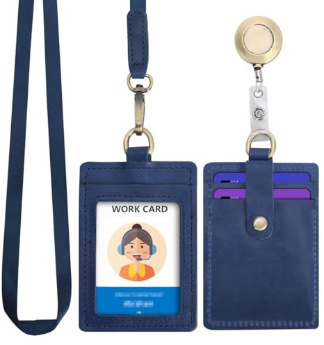 Wonderpool ID-bricka hållare äkta läder kortfack fodral med avtagbar nackband och utdragbar bricka rulle för kontor skola sjukhus utställnings-ID och körkort (blå)