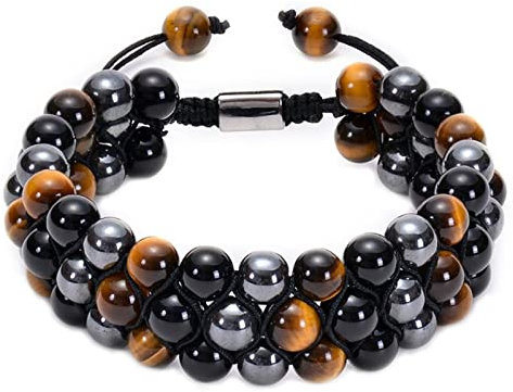 Aotiwe Herrenarmband, Armband Perlen Klein Verstellbare 3 Lagige Runde Perlen Braun Kristall 21cm mit Achat