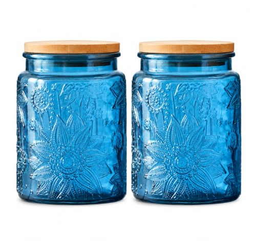 ANSQU 700ml Blue Glass Jars, 2 Pack Vintage Glass Kitchen Storage Counter Jars, Candy Jars with Lids, Blue Mason Jars Hold Coffee Beans, Tea, Cookie, Sugar, Bath Salts & More