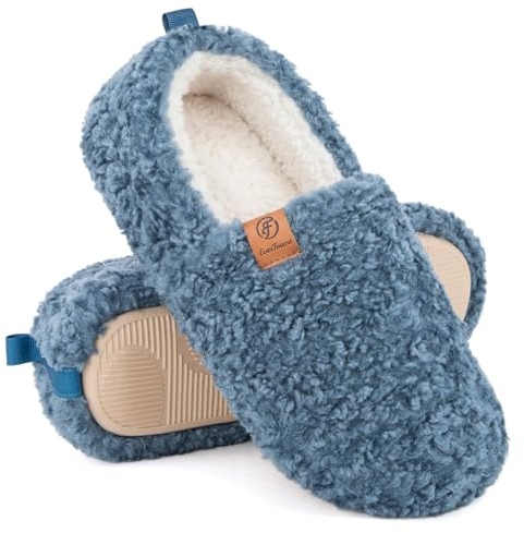 EverFoams Women’s Soft Curly Full Slippers Memory Foam Lightweight House Shoes Cozy Loafer with Polar Fleece Lining Blue,8.5 US