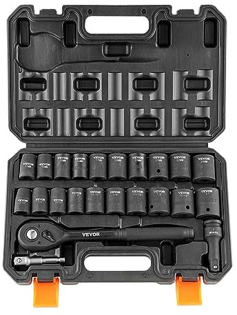 VEVOR 1/2 Drive Impact Socket Set, 23 Piece Socket Set SAE (7/16 -1)& Metric (13-24mm) 6 Point Cr-V Alloy Steel for Auto Repair with Ratchet Handle Rugged Construction Storage Case