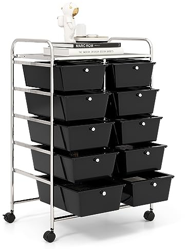 GiantexUK 10 Drawers Storage Cart, Mobile Rolling Storage Trolley with 4 Lockable Wheels & Handles, Utility Shelving Organizer Unit for Home Office Salon Beauty Make up (Black) | Mobile Rolling Storage Trolley with 4 Lockable Wheels & Handles, Utility Shelving Organizer Unit for Home Office Salon