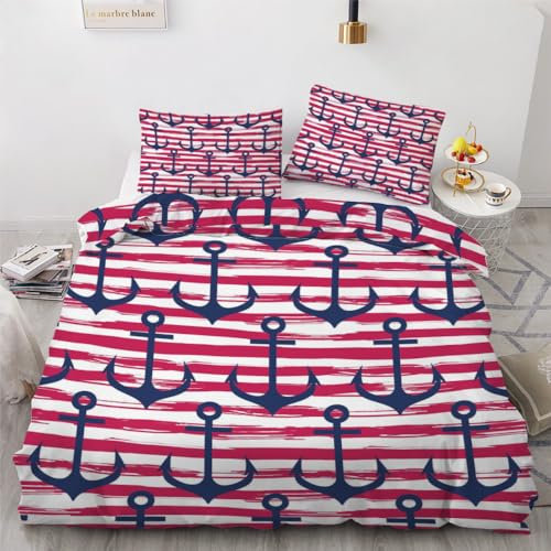 ROUSKI Bettwäsche Anker 135x200 cm 4teilig 100% Mikrofaser Kinderbettwäsche Maritime Wendebettwäsche mit Reißverschluss 3D Motiv Zimmer Dekor Bettwäsche-Sets mit 2 Kissenbezüge 80x80